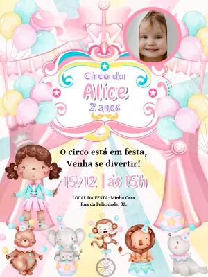 Convite de Aniversário Circo Rosa com Foto para Editar Online