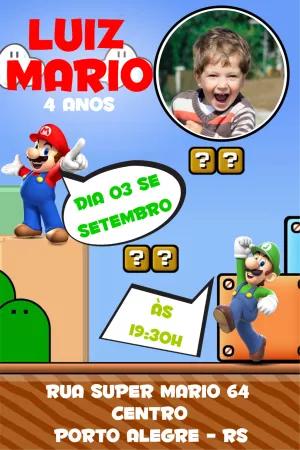 Convite Aniversário Super Mario com Foto para Editar Online