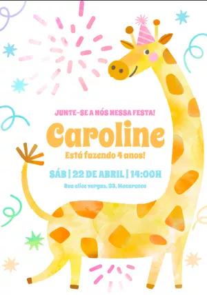 Convite de Aniversário Girafa Aquarela para Editar Online