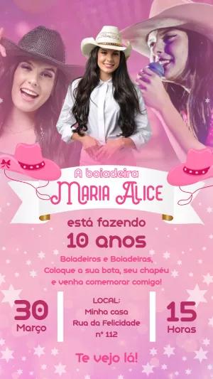 Convite Aniversário Boiadeira Rosa com Foto para Editar Online