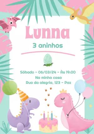 Convite Aniversário Dinossauro Menina Aquarela para Editar Online