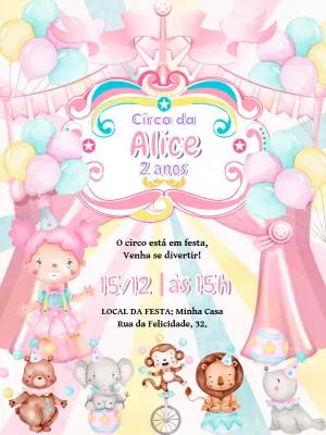 Convite Aniversário Circo Rosa com Palhacinha para Editar Online