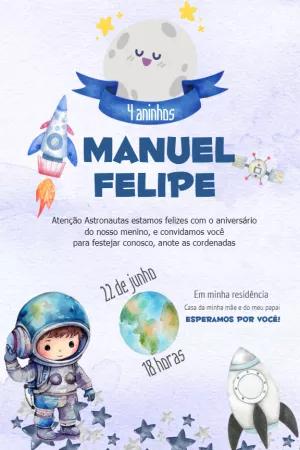 Convite Aniversário Astronauta Aquarela para Editar Online