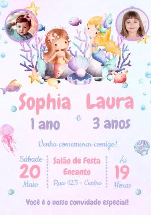 Convite Aniversário Sereia com Foto para Editar Online