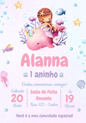 Convite Aniversário Sereia Fofa com Baleia para Editar Online