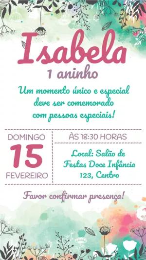 Convite de Aniversário Floral Aquarela para Editar Online