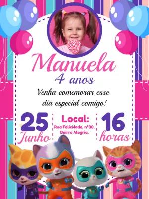 Convite Aniversário Super Kitties com Foto para Editar Online