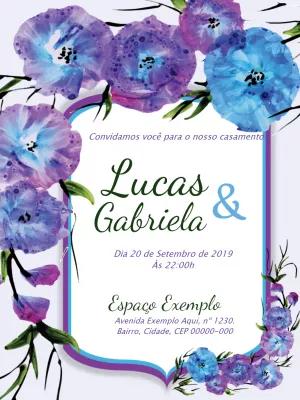 Convite de Casamento Floral Aquarela Roxo e Azul para Editar