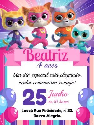 Convite de Aniversário Super Kitties para Editar Online