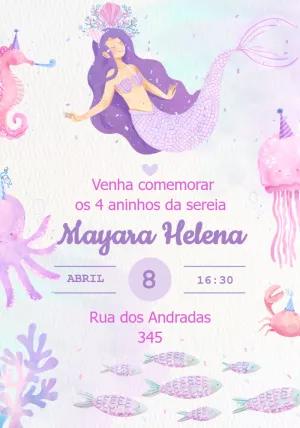 Convite de Aniversário Sereia Aquarela para Editar Online