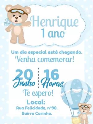 Convite Aniversário Menino Ursinho Baloeiro para Editar