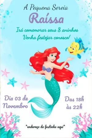 Convite de Aniversário Pequena Sereia Ariel e Linguado para Editar
