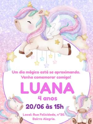 Convite de Aniversário Unicórnio Fofo com Glitter para Editar