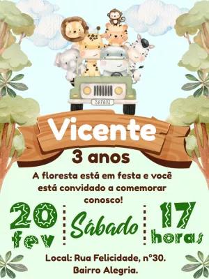 Convite Aniversário Safari com Animais Fofos para Editar Online