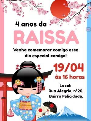 Convite de Aniversário Kokeshi para Editar Online
