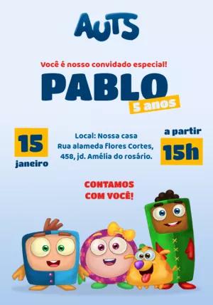 Convite de Aniversário Auts com Personagens para Editar Online