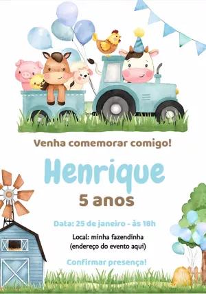 Convite de Aniversário Fazendinha com Animais para Editar