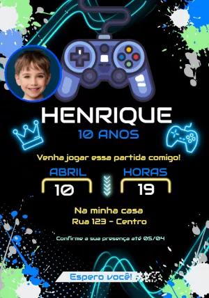 Convite Aniversário Gamer com Foto para Editar Online
