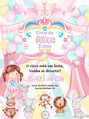 Convite Aniversário Circo Rosa Aquarela para Editar Online