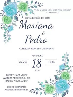 Convite de Casamento Floral Azul e Verde para Editar Online