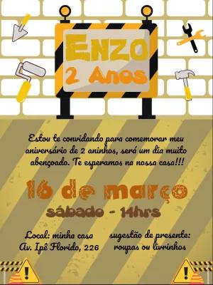 Convite de Aniversário Construção Editável para Festa Infantil