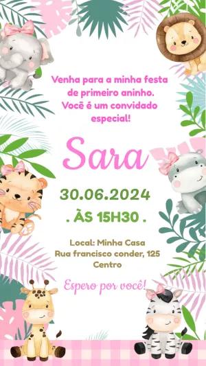 Convite Aniversário Safari Rosa com Animais para Editar Online