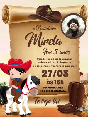 Convite Aniversário Boiadeiro com Foto para Editar Online