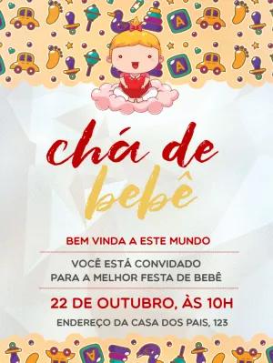 Convite Chá de Bebê Menina com Brinquedos para Editar Online