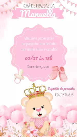 Convite Chá de Fraldas Ursinha Princesa para Editar Online