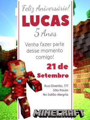 Convite Aniversário Minecraft Homem de Ferro Editável Online