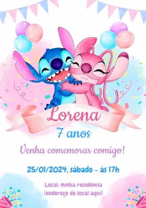 Convite de Aniversário Stitch e Angel para Editar Online