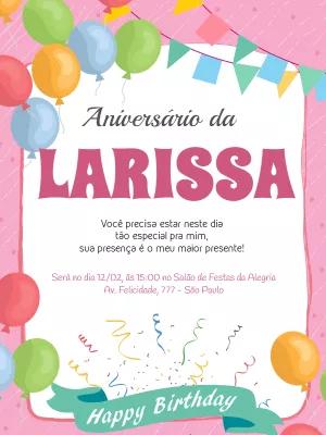 Convite de Aniversário Infantil Rosa com Balões para Editar