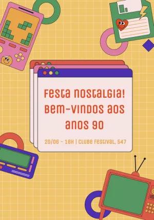 Convite Aniversário Anos 90 Retrô para Editar e Enviar Online