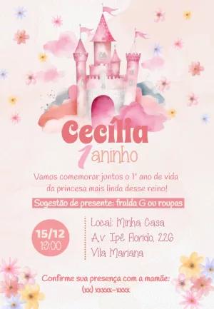 Convite Aniversário Castelo Princesa Rosa para Editar Online