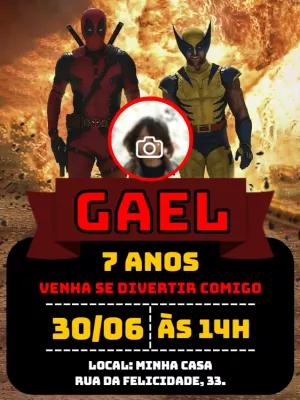 Convite Aniversário Deadpool e Wolverine com Foto para Editar