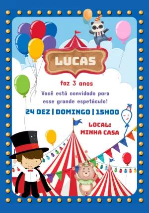 Convite Aniversário Circo Azul com Mágico para Editar Online