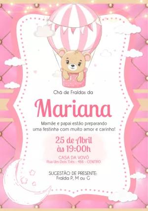 Convite Chá de Fraldas Ursinha Baloeira Rosa para Editar