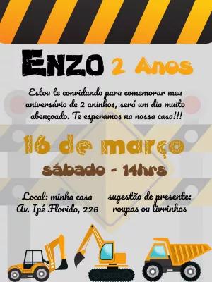 Convite Aniversário Construção com Tratores para Editar Online