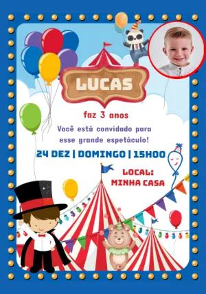 Convite Aniversário Circo Menino com Foto para Editar Online