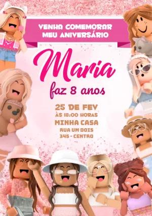 Convite Aniversário Roblox Rosa Menina para Editar Online
