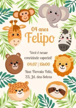 Convite Aniversário Safari com Animais Fofos para Editar Online