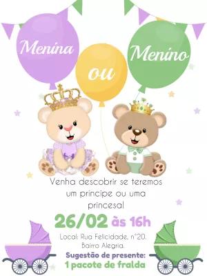 Convite Chá Revelação Ursinhos Realeza para Editar Online