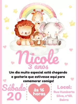 Convite Aniversário Safari Rosa com Animais para Editar Online