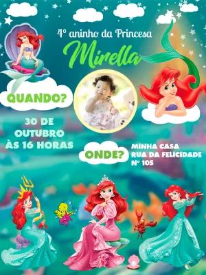 Convite de Aniversário A Pequena Sereia com Foto para Editar