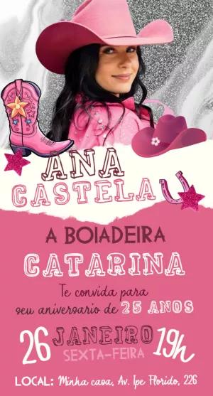 Convite de Aniversário Boiadeira Rosa para Editar Online