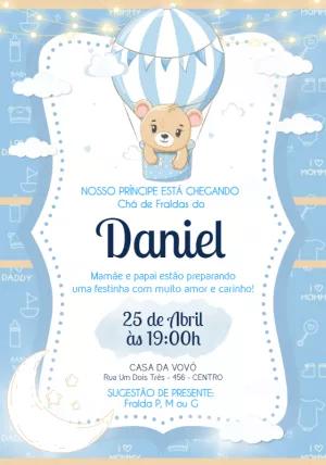 Convite Chá de Fraldas Ursinho Baloeiro Azul para Editar