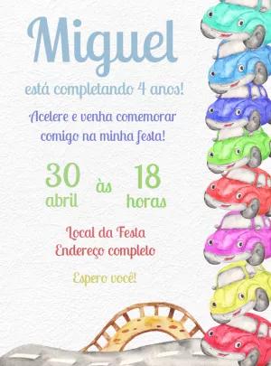 Convite Aniversário Carrinhos Aquarela para Editar Online