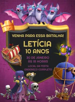 Convite de Aniversário Clash Royale com Personagens para Editar