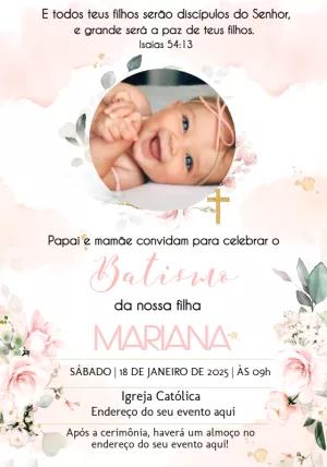 Convite de Batizado Floral com Foto para Editar Online