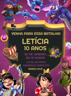 Convite de Aniversário Clash Royale com Personagens para Editar